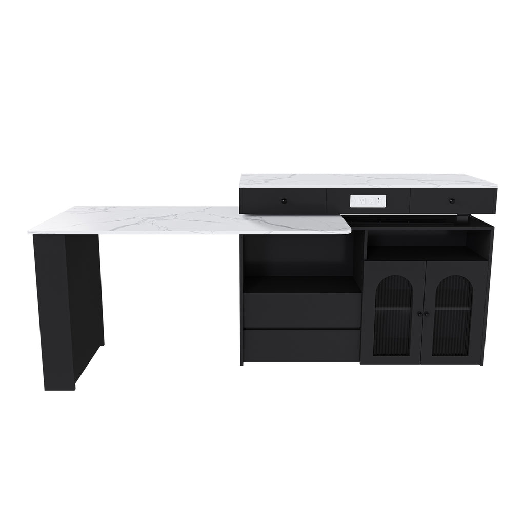 Retro Kitchen Island with Extendable Rotating Table, Black Marble Veneer on MDF, 4 Drawers & Glass Door Cabinets, Built-in Socket, Fits 2-4 People - Grand Goldman Shop