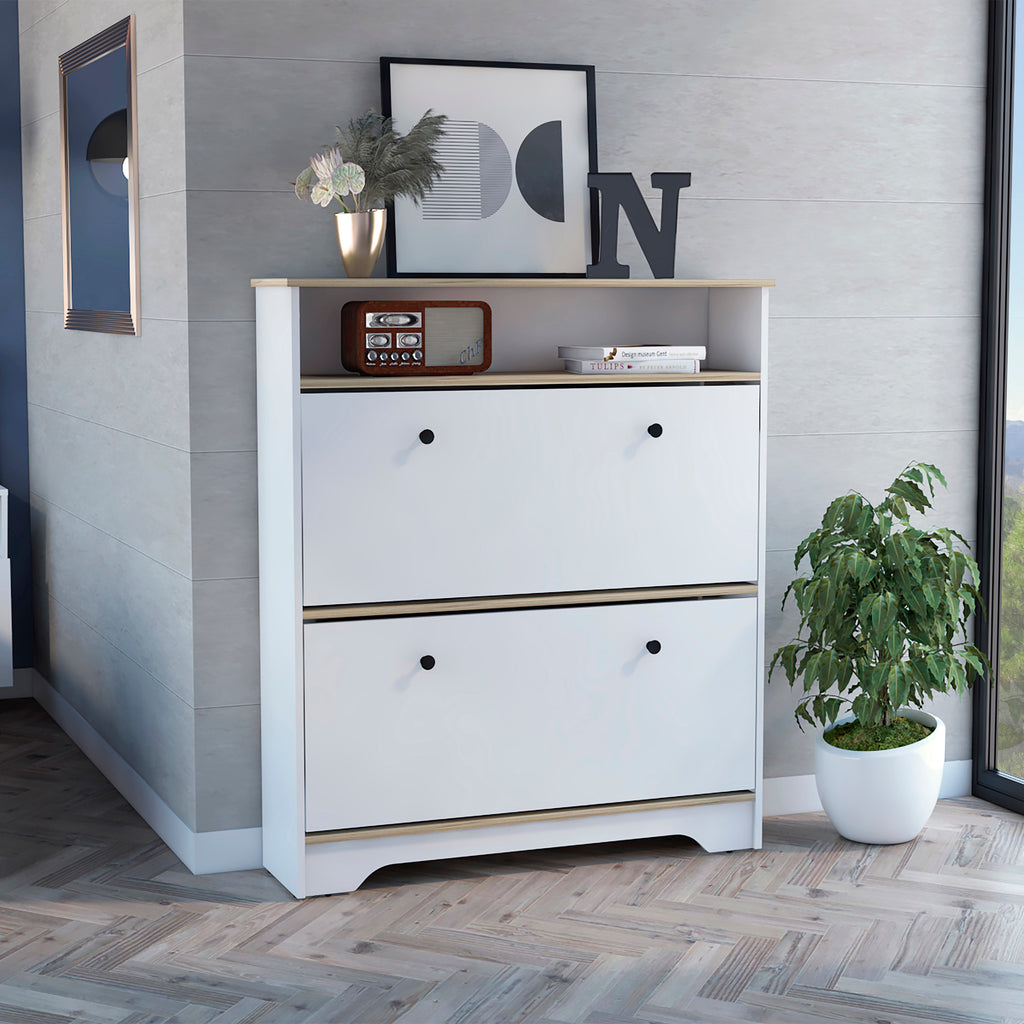 Calgary Shoe Rack, Superior Top, One Open Shelf, Two Extendable Shelves -Light Oak / White - Grand Goldman Shop