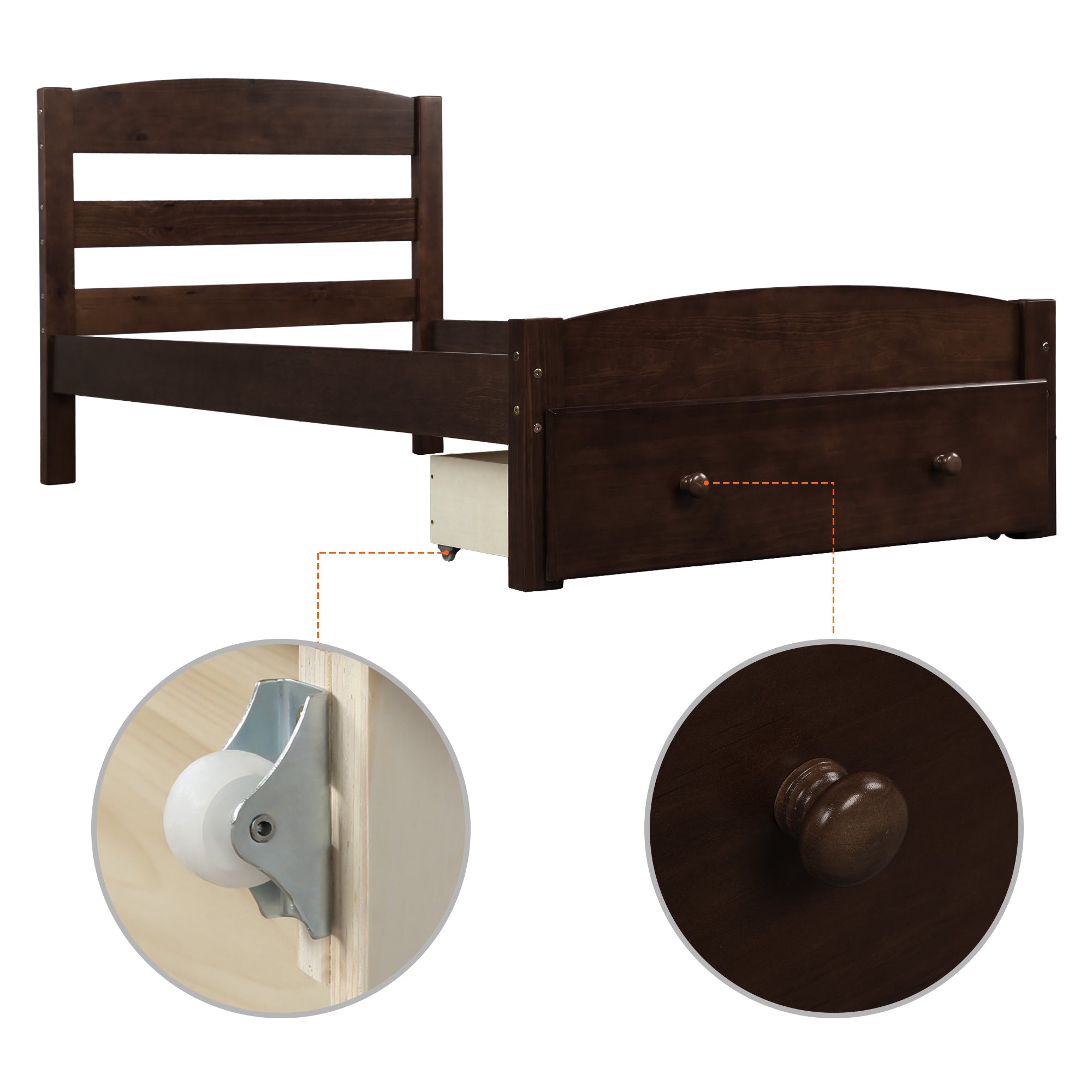 Espresso Platform Twin Bed Frame with Storage Drawer and Wood Slat Support, No Box Spring Needed - Grand Goldman Shop