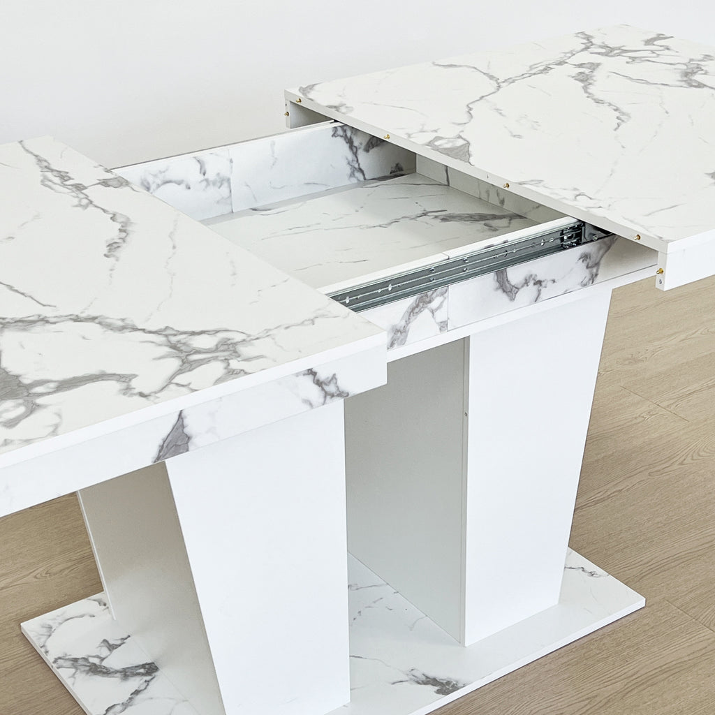 Extendable Dining Room Table for 6-10 Modern White Faux Marble Wooden Expandable Kitchen Table w/Dual Column Pedestal Base, Large Rectangle Dining Table - Grand Goldman Shop