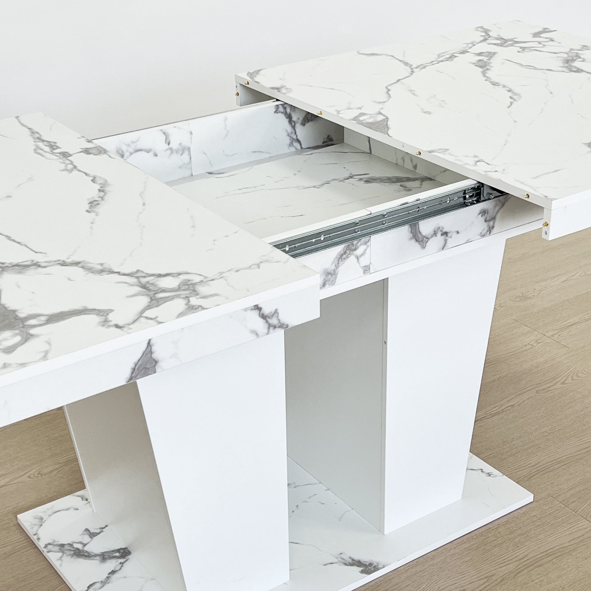 Extendable Dining Room Table for 6-10 Modern White Faux Marble Wooden Expandable Kitchen Table w/Dual Column Pedestal Base, Large Rectangle Dining Table - Grand Goldman Shop