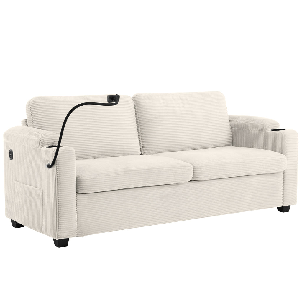 Beige Corduroy Sleeper Sofa Loveseat with Full Size Mattress, USB Ports, Cup Holders, Side Pockets, Phone Holder - Grand Goldman Shop