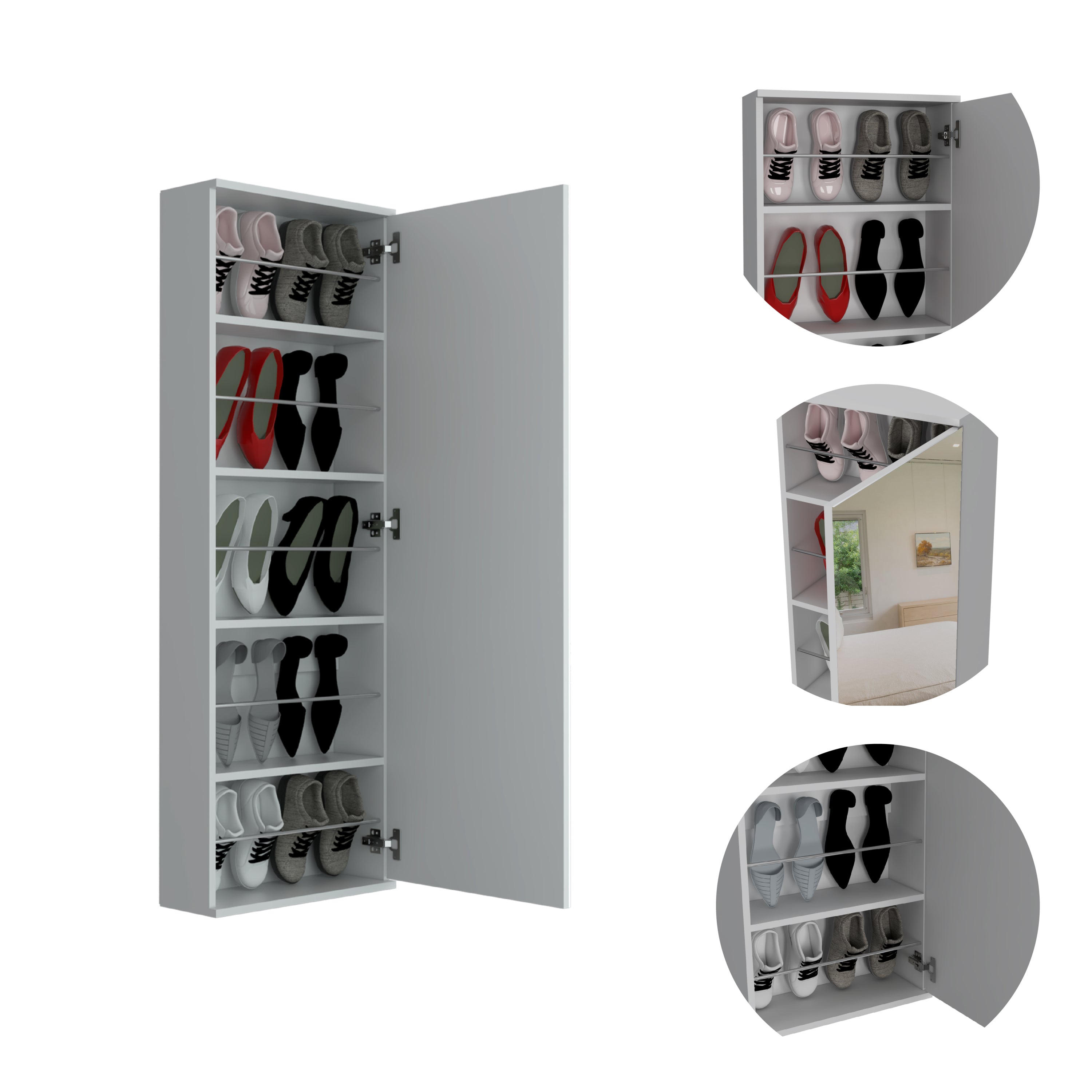Leto Wall Mounted Shoe Rack With Mirror, Single Door, Capacity For Ten Shoes -White - Grand Goldman Shop
