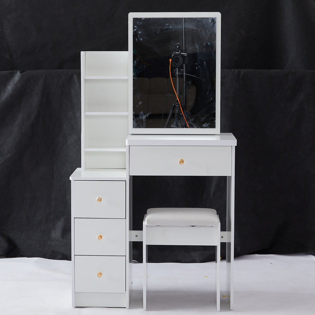 29.2' Small Space Left Bedside Cabinet Vanity Table + Cushioned Stool, Extra Large Right sliding mirror, Multi Layer High Capacity Storage, Practical Fashionable Dresser, EPA, GCC, UL Certificate - Grand Goldman Shop
