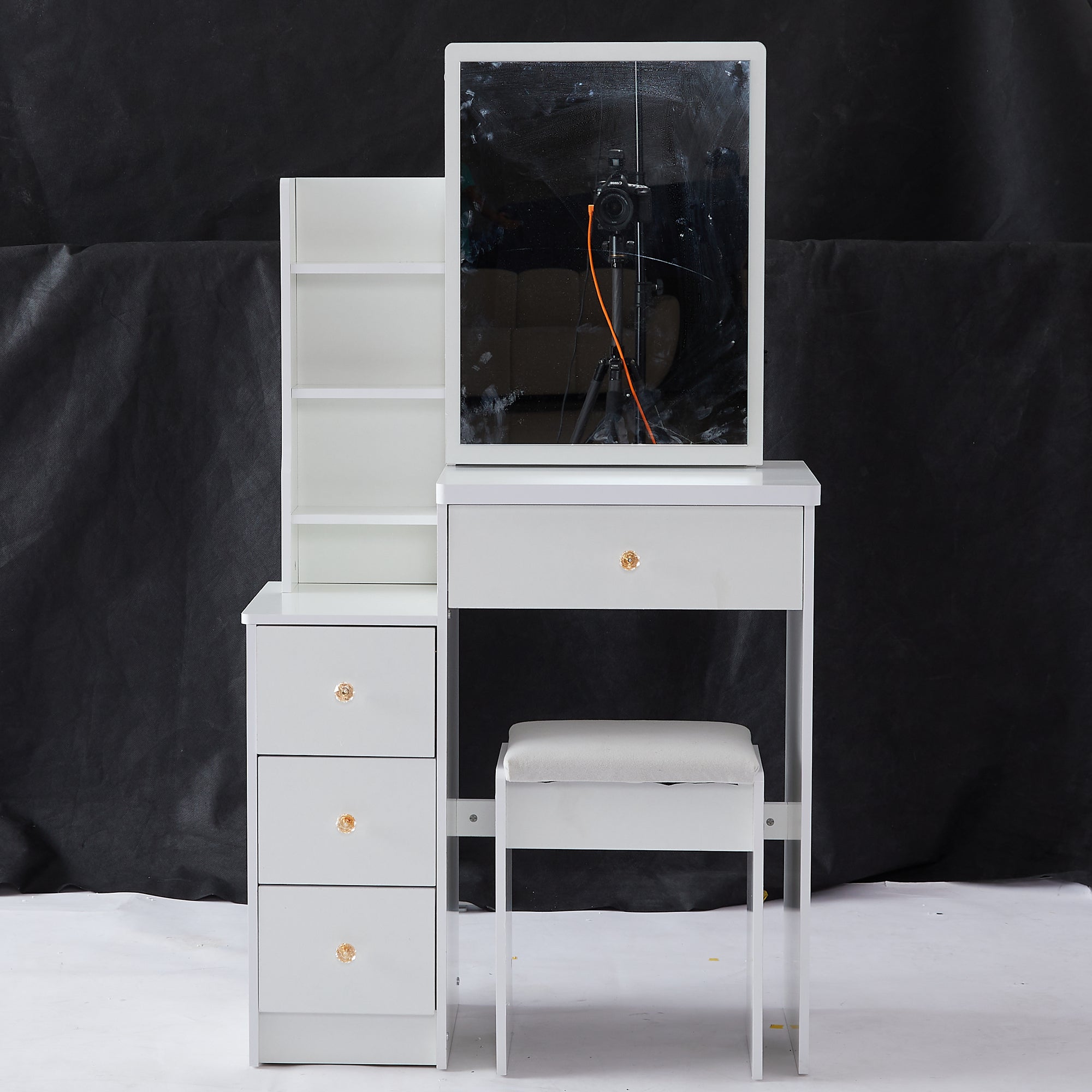 29.2' Small Space Left Bedside Cabinet Vanity Table + Cushioned Stool, Extra Large Right sliding mirror, Multi Layer High Capacity Storage, Practical Fashionable Dresser, EPA, GCC, UL Certificate - Grand Goldman Shop