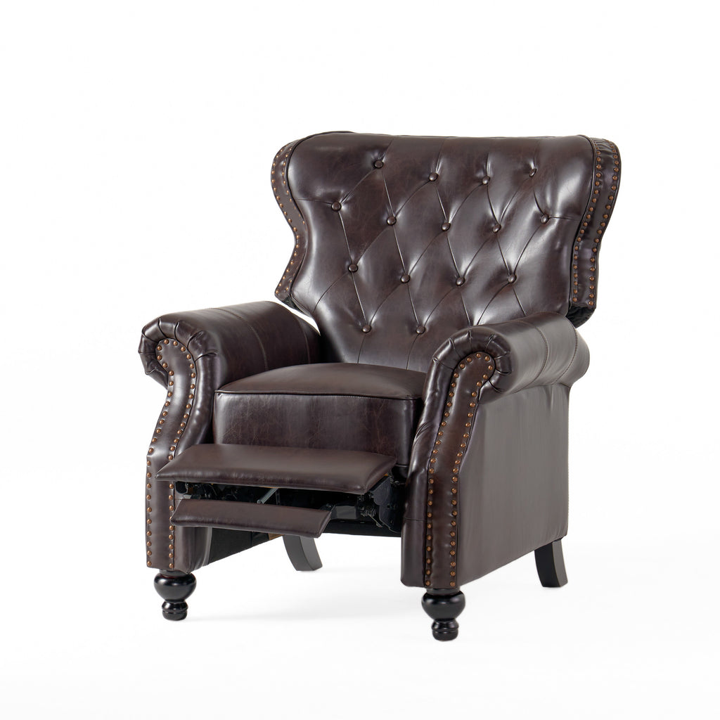 Contemporary Style Push Back Recliner with Button-Tufted Stitching and Nailhead Trim in Dark Brown PU - Grand Goldman Shop