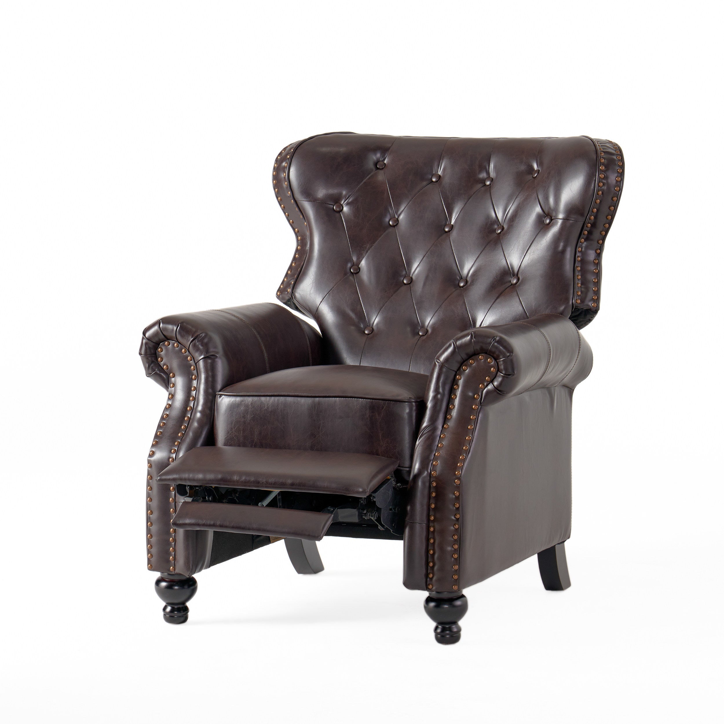 Contemporary Style Push Back Recliner with Button-Tufted Stitching and Nailhead Trim in Dark Brown PU - Grand Goldman Shop