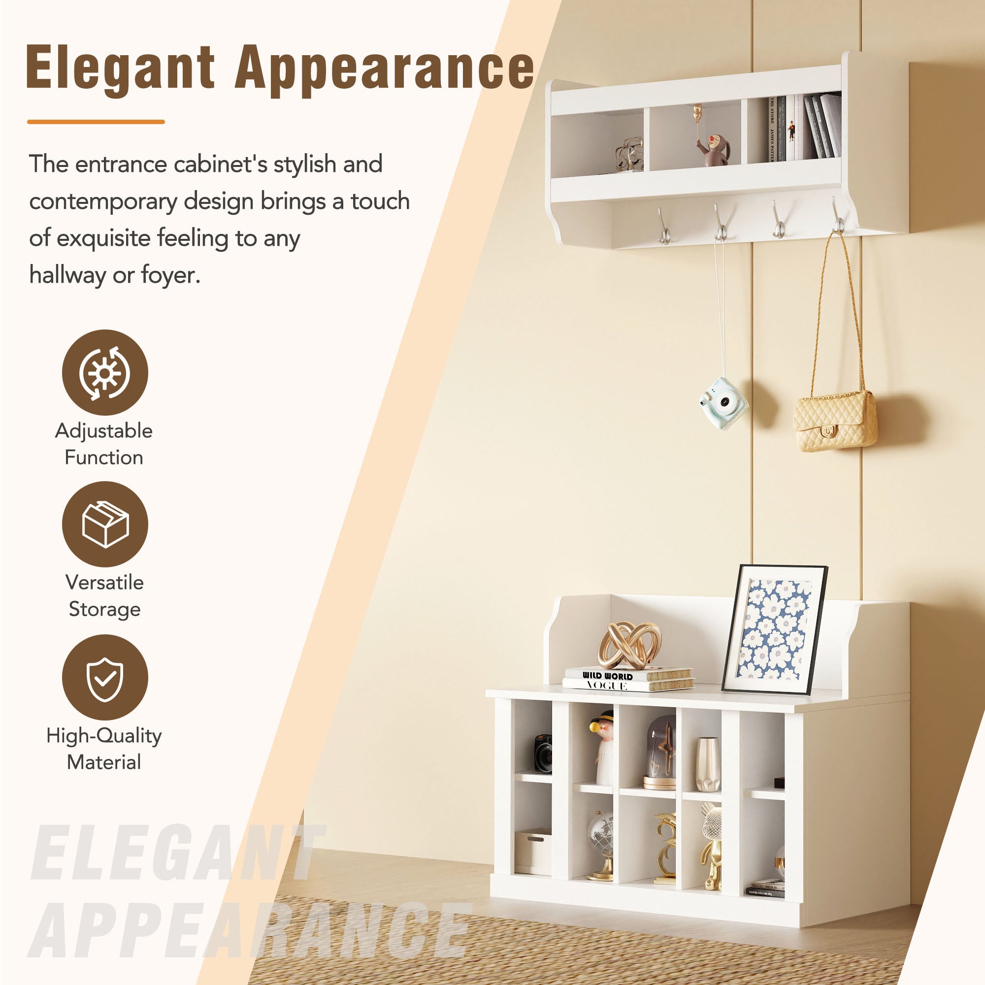 ON-TREND Shoe Storage Bench with Shelves and 4 Hooks, Elegant Hall Tree with Wall Mounted Coat Rack, Entryway Organizer For Hallway, Foyer, Mudroom, White - Grand Goldman Shop