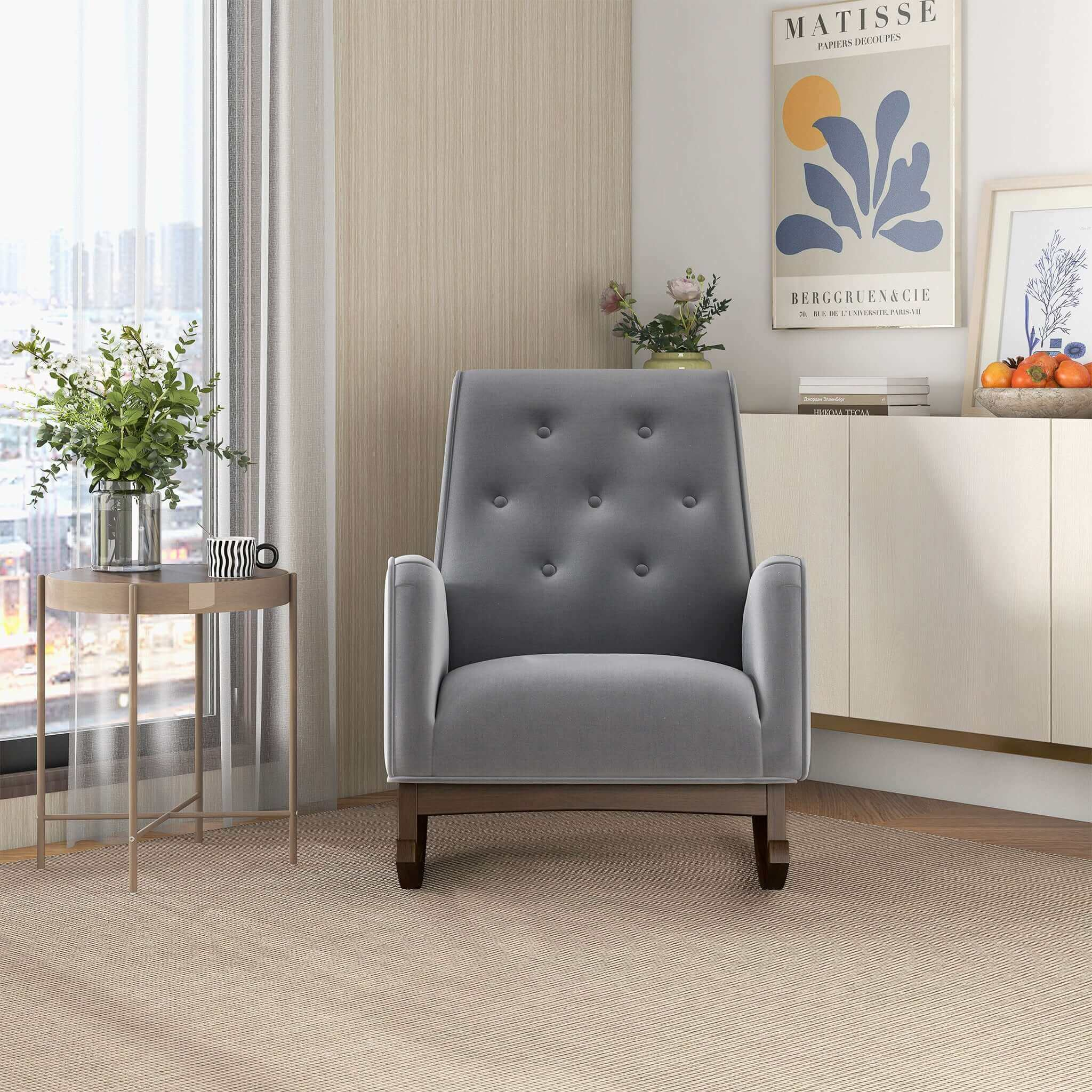 Premium Demetrius Light Grey Fabric Solid Wood Rocking Chair for Living Room and Nursery 36.6'H x 27.5'W x 39'D or Living Room Bedroom Reading - Grand Goldman Shop