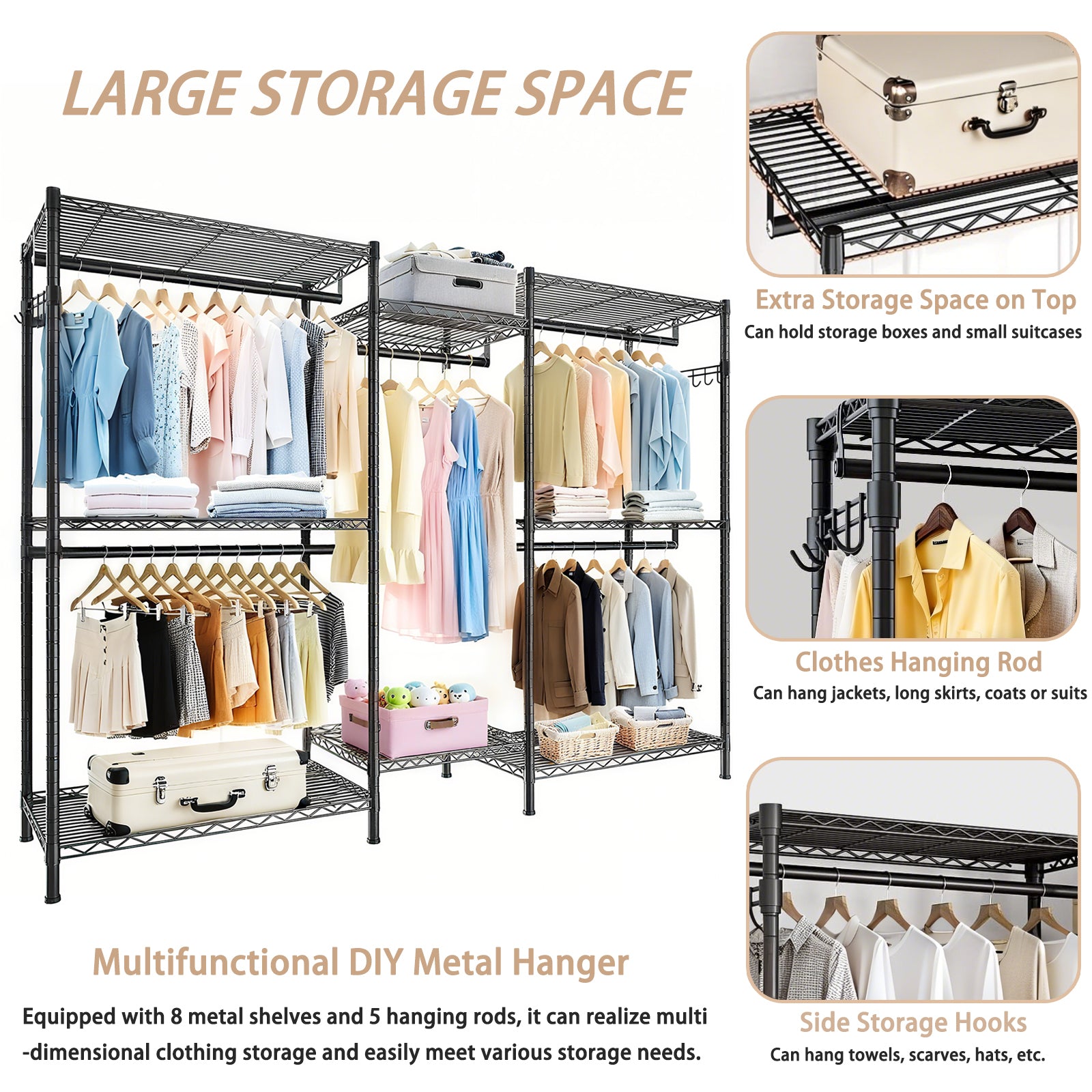Heavy Duty Garment Rack With 8 Adjustable Wire Shelves and 5 Clothes Rails, Freestanding Closet Organizer, Black Metal - Grand Goldman Shop