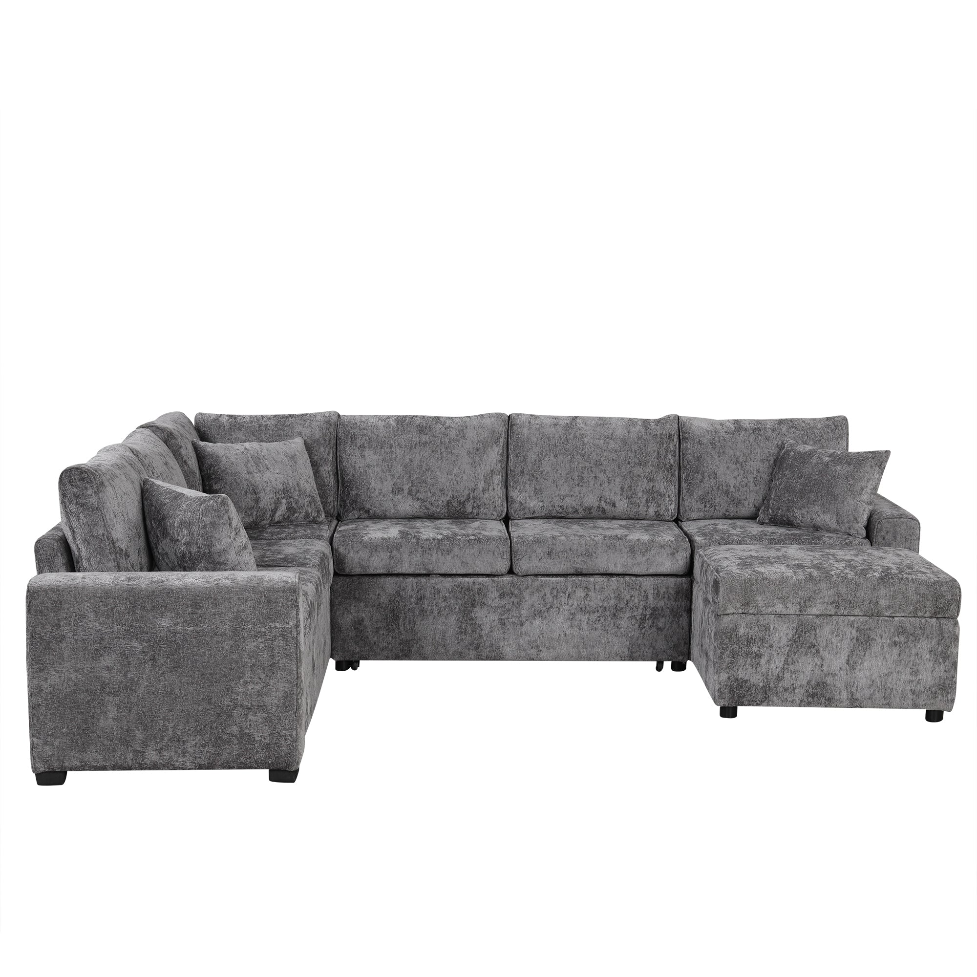 Modern Sectional Sofa Pull-out Sleeper with Storage Ottoman, USB Charging, Grey Tweed Chenille, 112.2' - Grand Goldman Shop