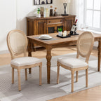 A&A Furniture,French Style Solid Wood Frame Antique Painting Linen Fabric Rattan Back Dining Chair,Set of 2,Cream,Beige - Grand Goldman Shop