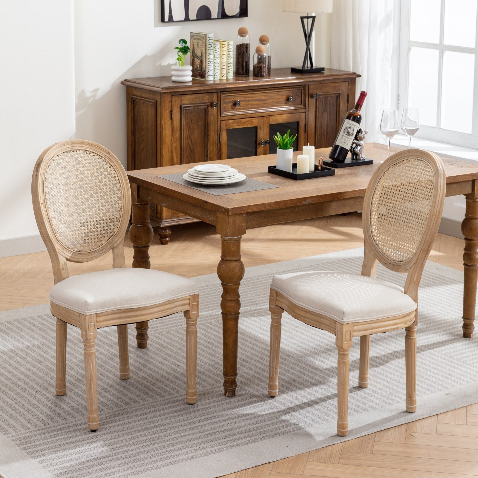 A&A Furniture,French Style Solid Wood Frame Antique Painting Linen Fabric Rattan Back Dining Chair,Set of 2,Cream,Beige - Grand Goldman Shop