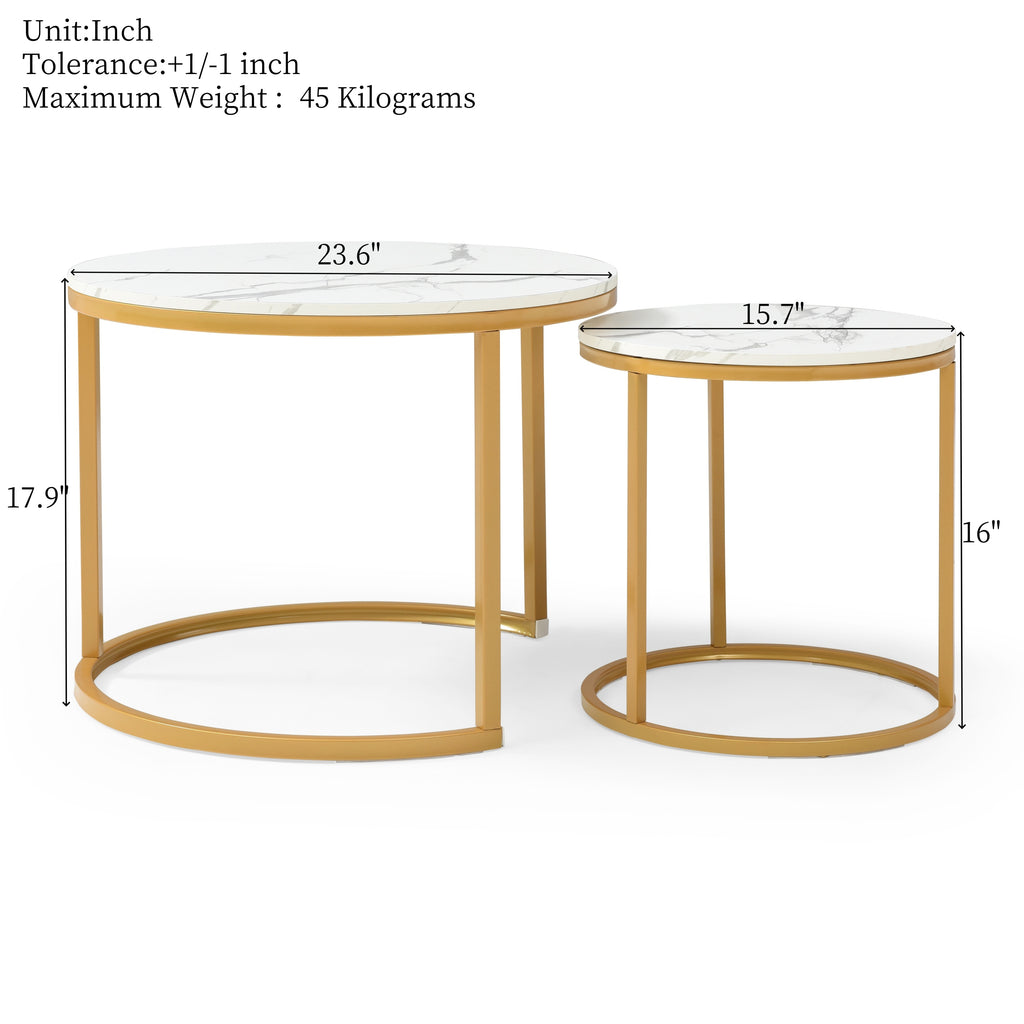 Set 2 Coffee Table Nesting White and gray top  Golden Frame Circular Round and Marble Pattern Wooden Tables, Living Room Bedroom Apartment Modern Industrial Simple Nightstand - Grand Goldman Shop