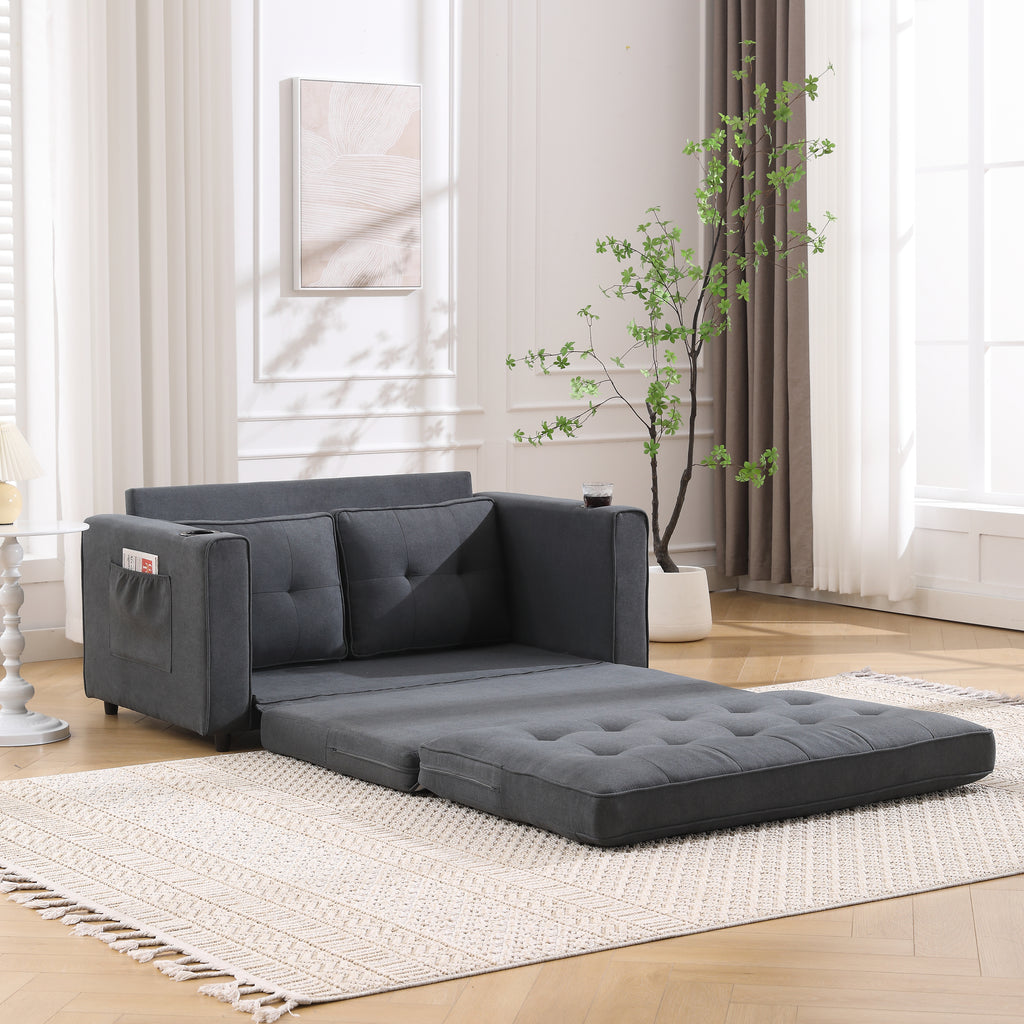 {VIDEO Provided}3-in-1 Upholstered Futon Sofa Convertible Sofa bed,Foldable Tufted Loveseat with Pull Out Sleeper Couch Bed,Folding Mattres Love Seat Daybed W/Side Pockets and Cup Holder, Dark Gray - Grand Goldman Shop