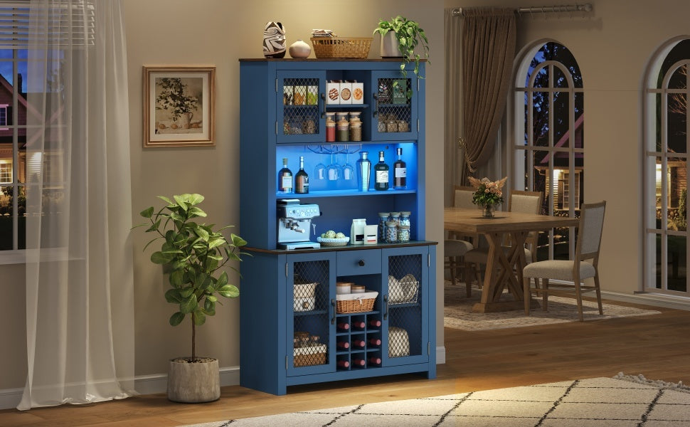 70.9' Kitchen Pantry Storage Cabinet Rustic Buffet Cabinet, Kitchen Hutch Cabinet with LED Outlets Food Pantry Cabinet with Doors and Shelves Wine Rack for Dining Room, Navy Blue - Grand Goldman Shop