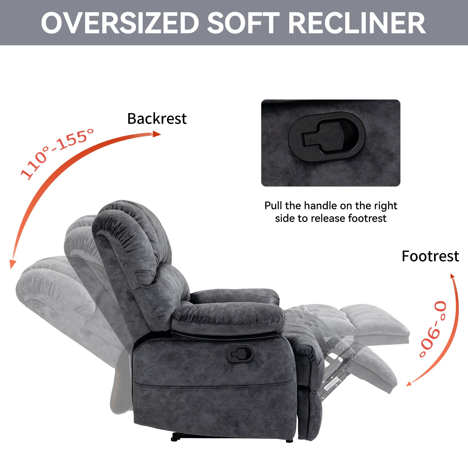 Large Manual Recliner Chair in Fabric for Living Room, Grey - Grand Goldman Shop