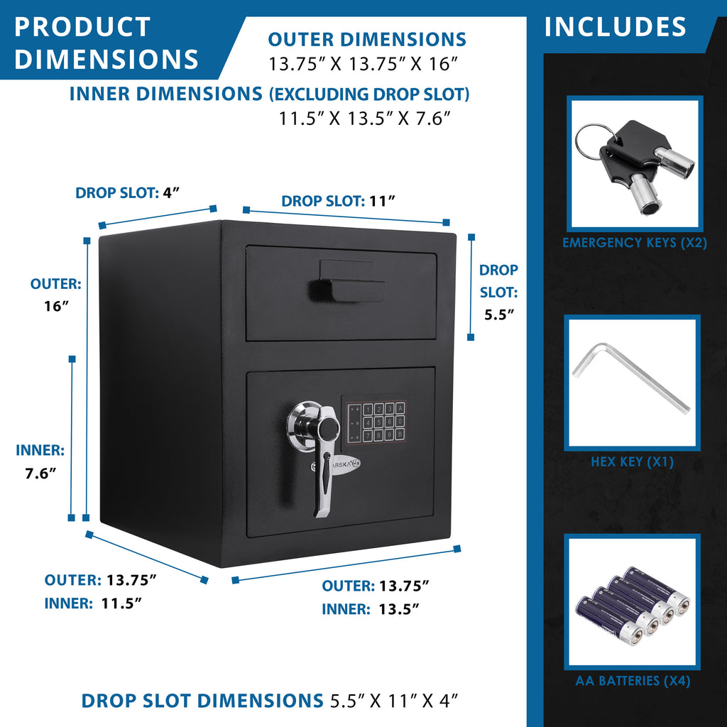 Black Steel Keypad Depository Safe with Dual PIN Codes and Anti-Fishing Baffles, 0.72 Cu Ft - Grand Goldman
