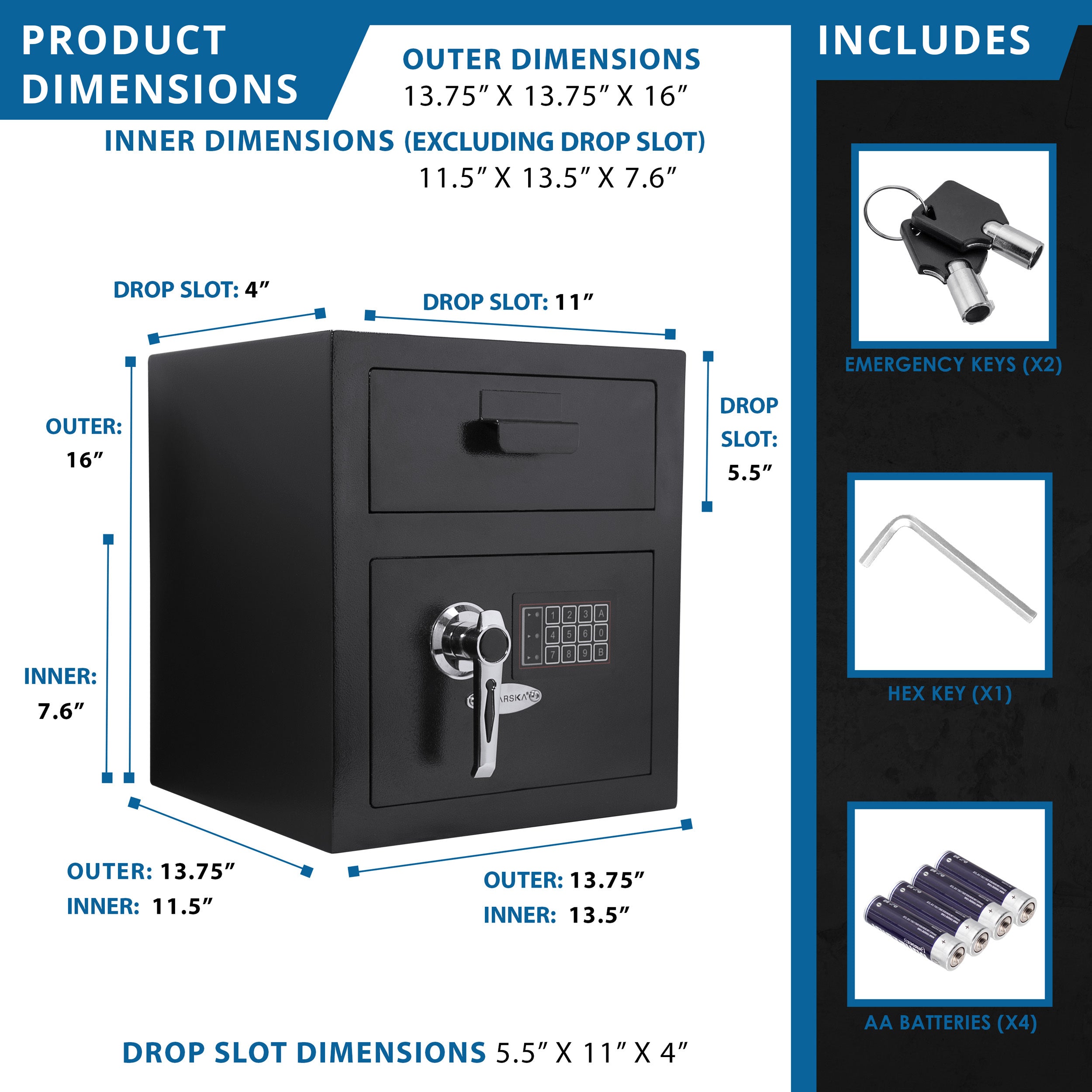 Black Steel Keypad Depository Safe with Dual PIN Codes and Anti-Fishing Baffles, 0.72 Cu Ft - Grand Goldman