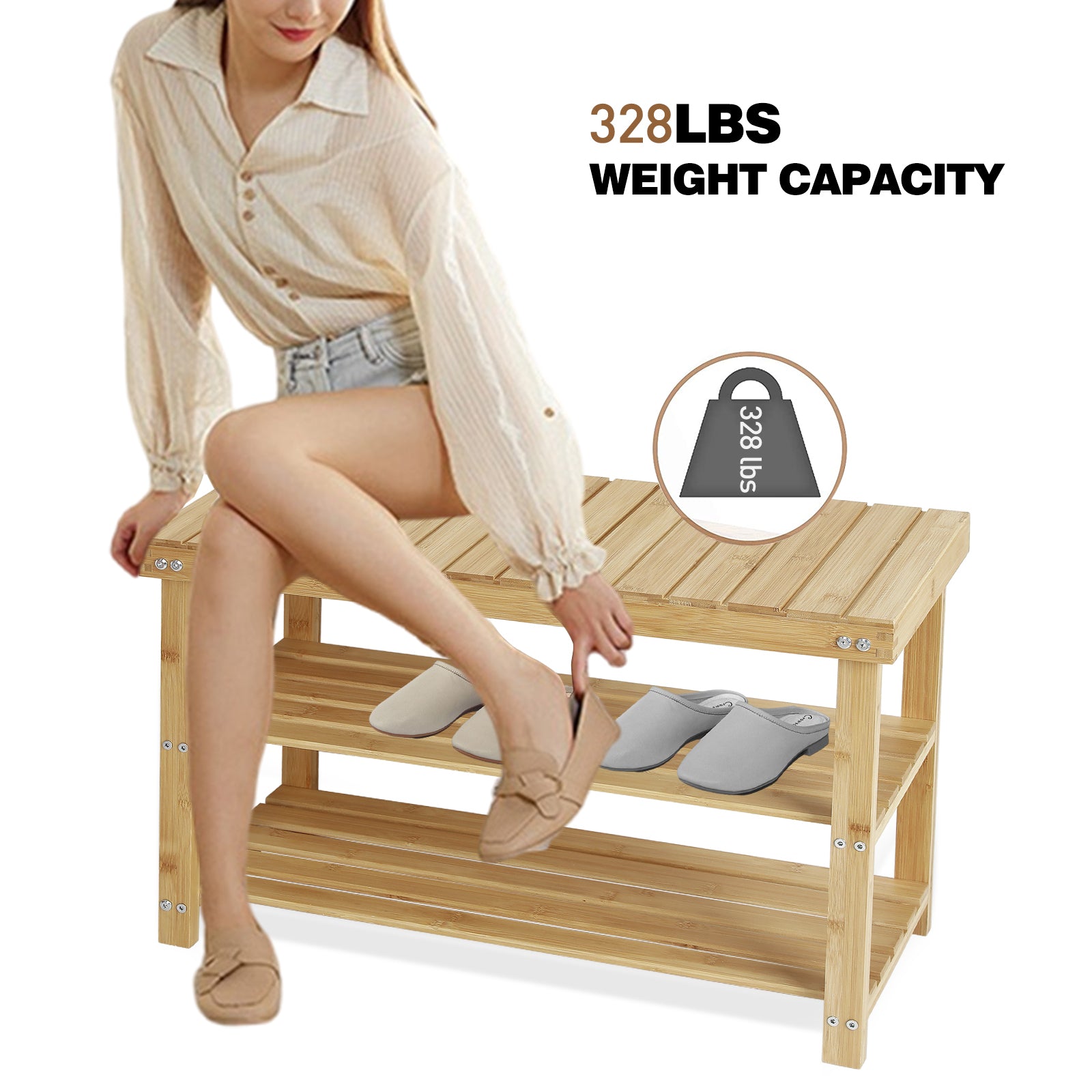 Hofitlead 27.5' Shoe Rack Solid Wood Shoe Bench, 3-Tier Shoe Organizer for Entryway Hallway(Light Brown) - Grand Goldman Shop