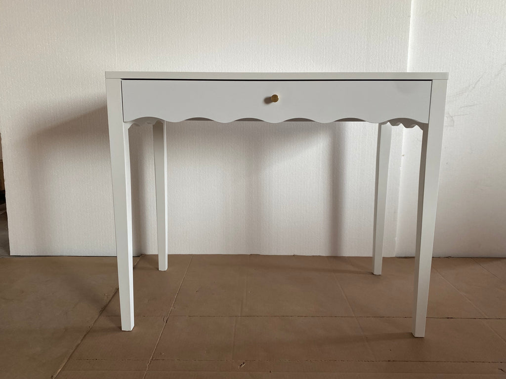 White 35.43' Vanity Desk with Drawer – Modern Makeup Table with Scalloped Front & Gold Knob, Compact Writing Desk with 4 Sturdy Legs for Bedroom, Small Home Office & Apartment Spaces - Grand Goldman Shop