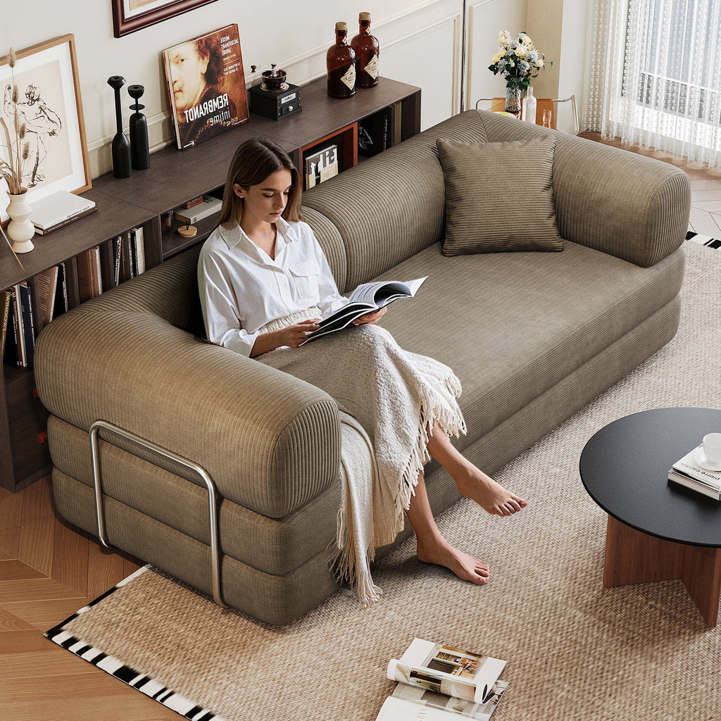 78.8' Compression Sofa,Convertible Floor Sofa Bed-with Pillow Back Support Armrest,Comfy Futon Couch Sleeper Bed,Loveseats Boneless Modular Sectional Sofa,Corduroy fabric,for Living Room,Bedroom,Camel - Grand Goldman Shop