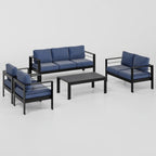 Modernes 5-teiliges Aluminium-Patio-Lounge-Set mit blauen Olefin-Kissen, schwarz pulverbeschichtetem Rahmen und WPC-Couchtisch
