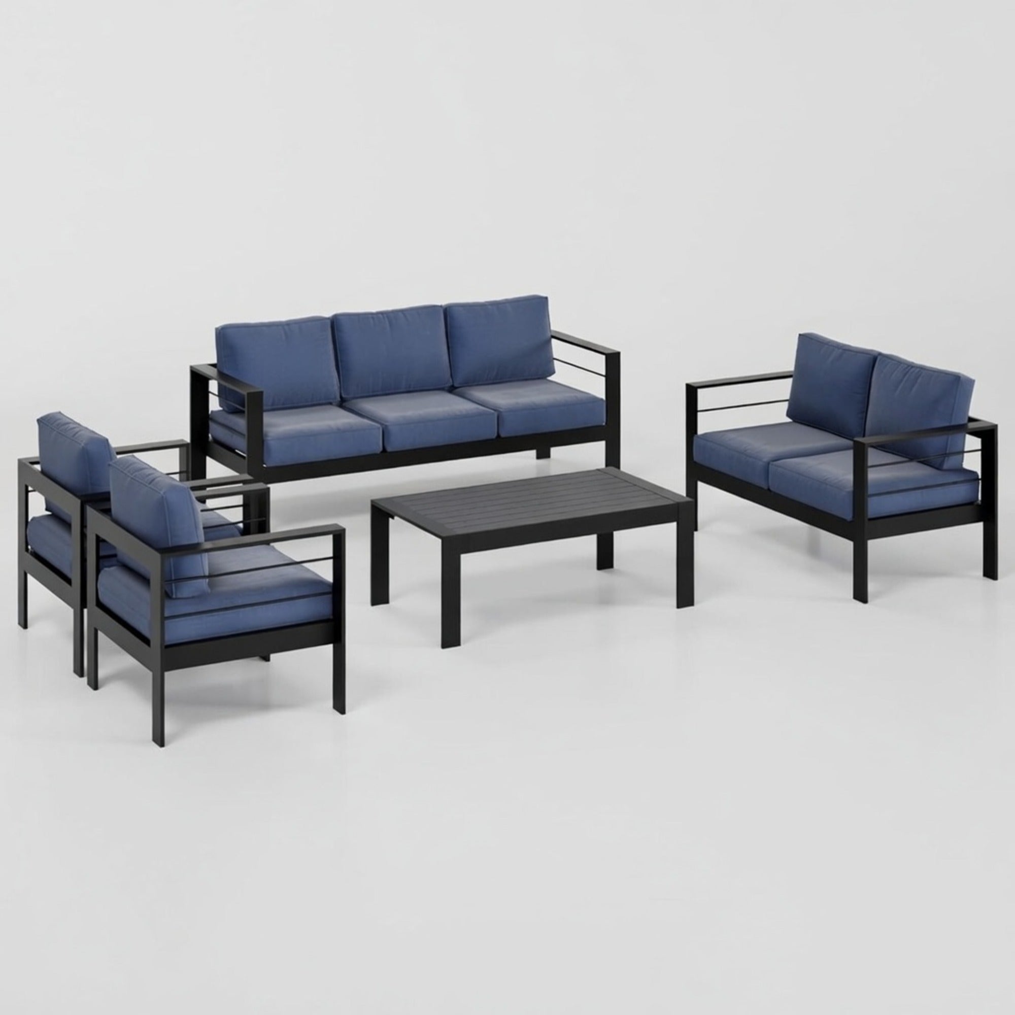 Modernes 5-teiliges Aluminium-Patio-Lounge-Set mit blauen Olefin-Kissen, schwarz pulverbeschichtetem Rahmen und WPC-Couchtisch