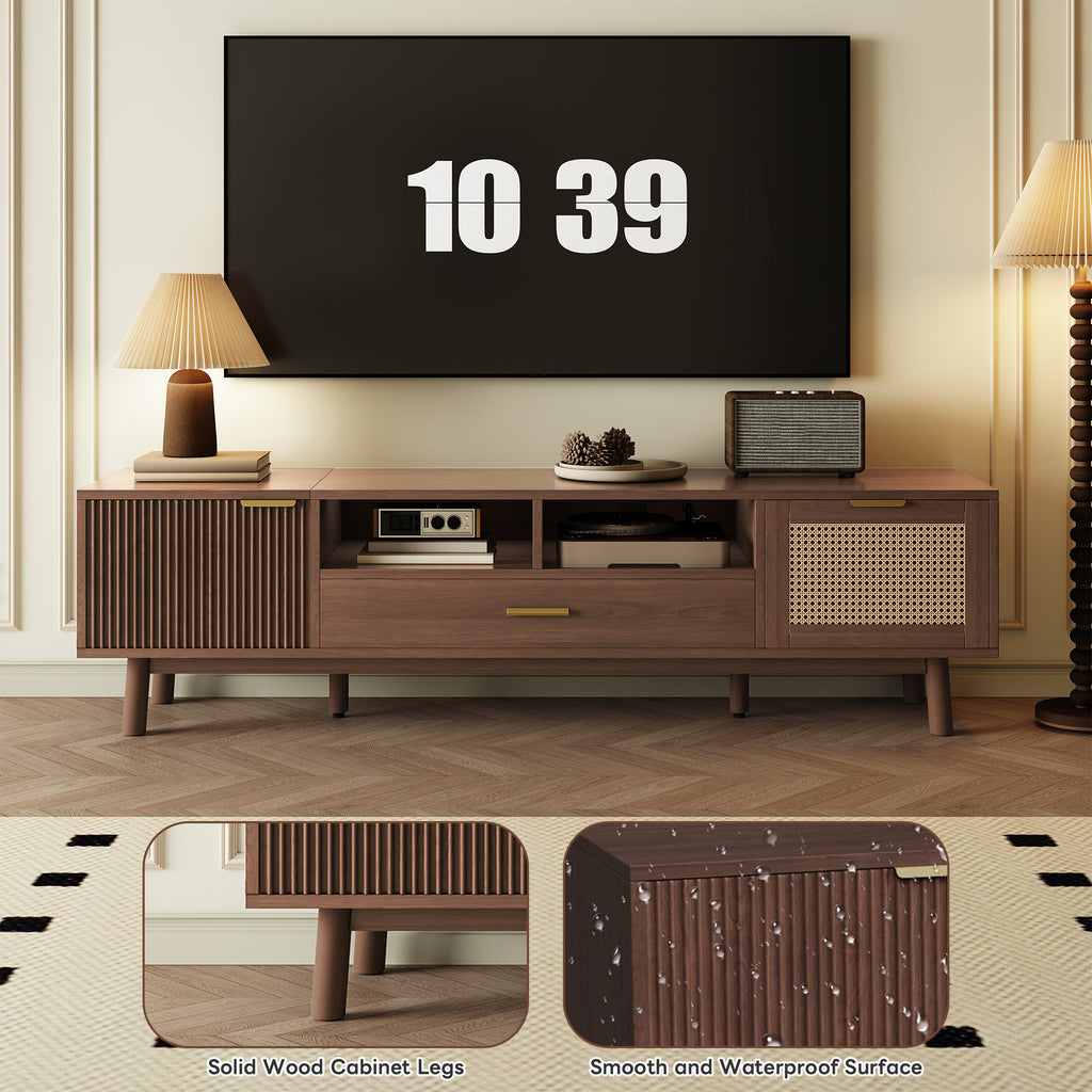 Wood Fashionable TV Stand for 75' TVs with Soft-Closing Doors, Dark Brown Modern Console with Rattan Accents and Drop-Down Cabinet, Solid Wood and MDF Construction - Grand Goldman Shop