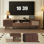 Wood Fashionable TV Stand for 75' TVs with Soft-Closing Doors, Dark Brown Modern Console with Rattan Accents and Drop-Down Cabinet, Solid Wood and MDF Construction - Grand Goldman Shop