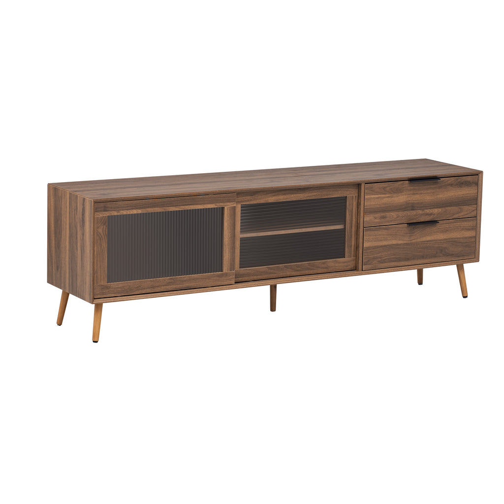 Modern Walnut TV Stand for 75+ TV, 70' Media Console with 2 Glass Doors, 2 Drawers & Storage Cabinet, MDF and Solid Wood Construction - Grand Goldman Shop