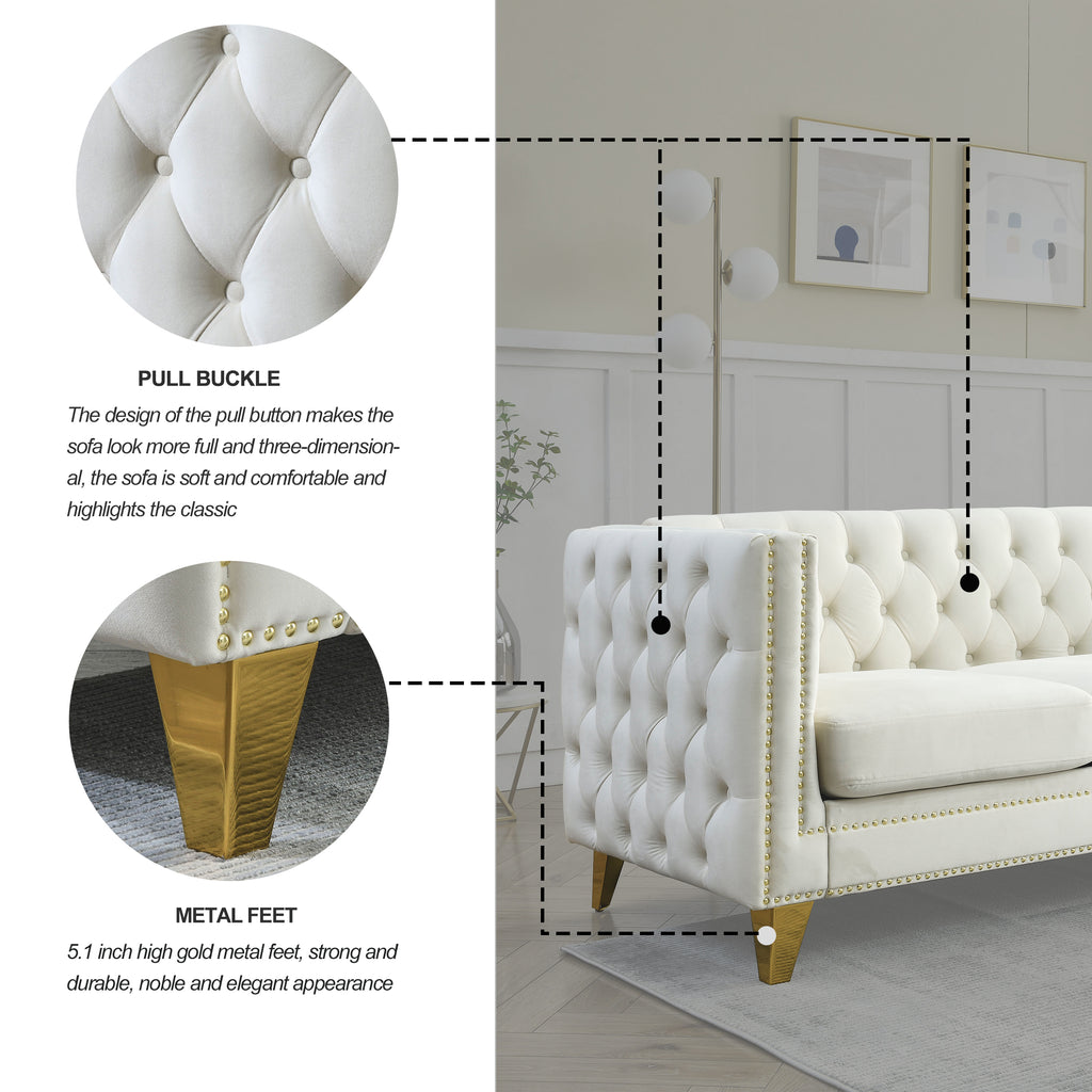 Modern Velvet Sofa with Button Tufting and Metal Legs, Beige Upholstered Couch for Living Room or Bedroom, 3-Seater, W834S00023 - Grand Goldman Shop