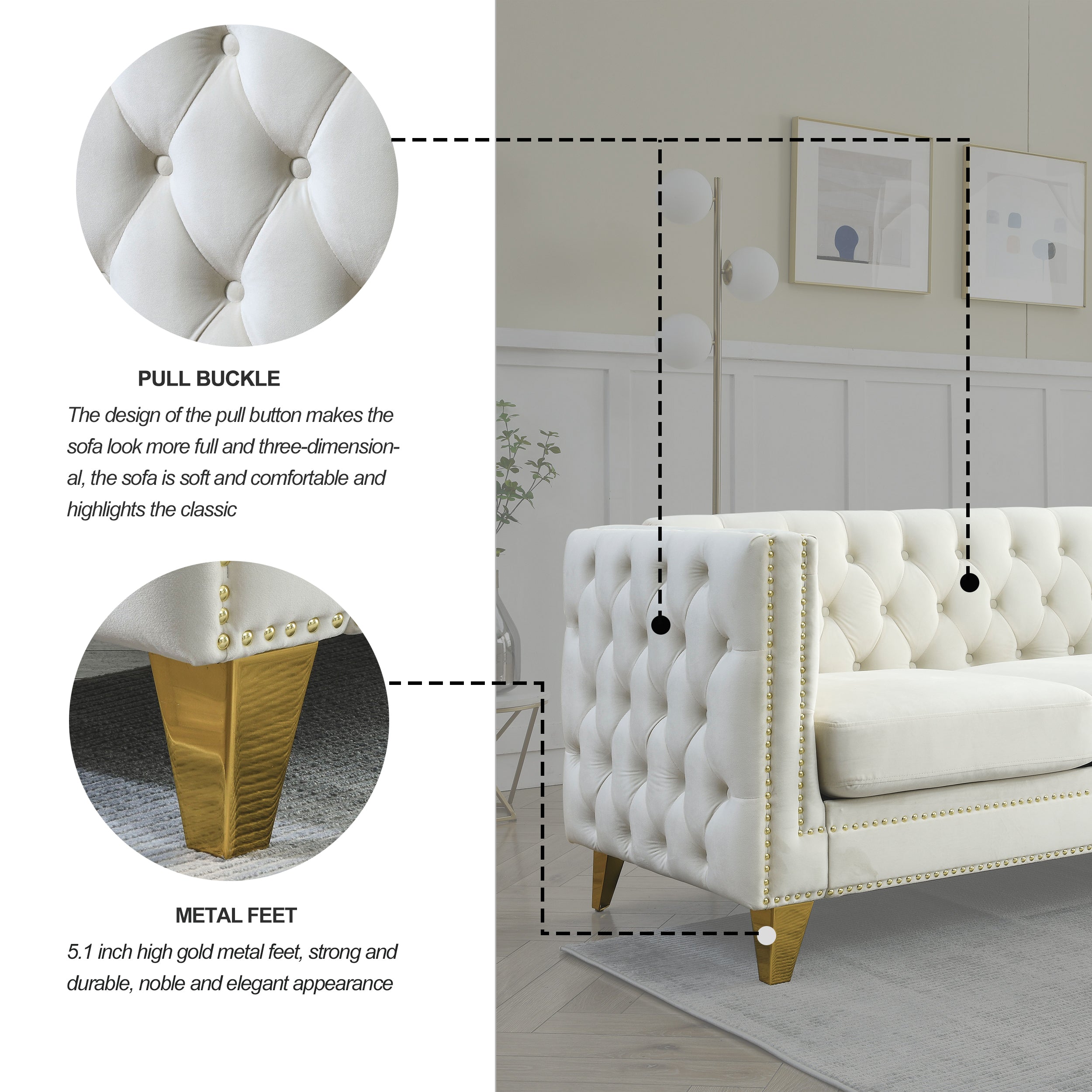 Modern Velvet Sofa with Button Tufting and Metal Legs, Beige Upholstered Couch for Living Room or Bedroom, 3-Seater, W834S00023 - Grand Goldman Shop