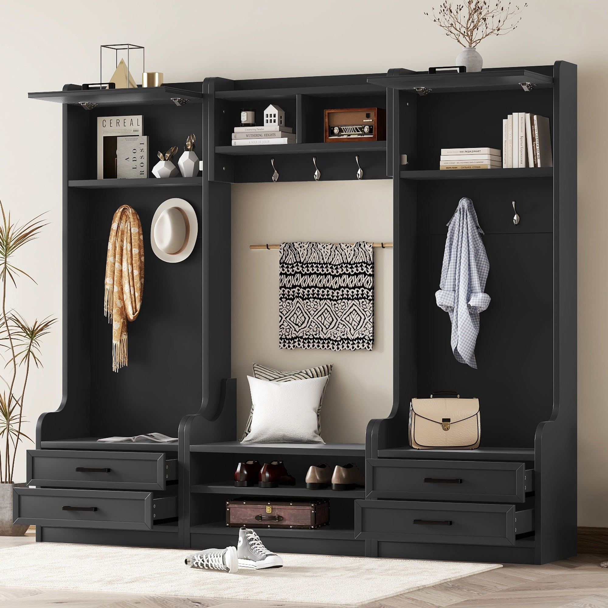 4-in-1 Detachable Hall Tree with Storage and 7 Hooks, Multiple Functions Hallway Coat Rack with Storage Drawers and Cabinet, Black Shoe Bench for Entryway Hallway - Grand Goldman Shop