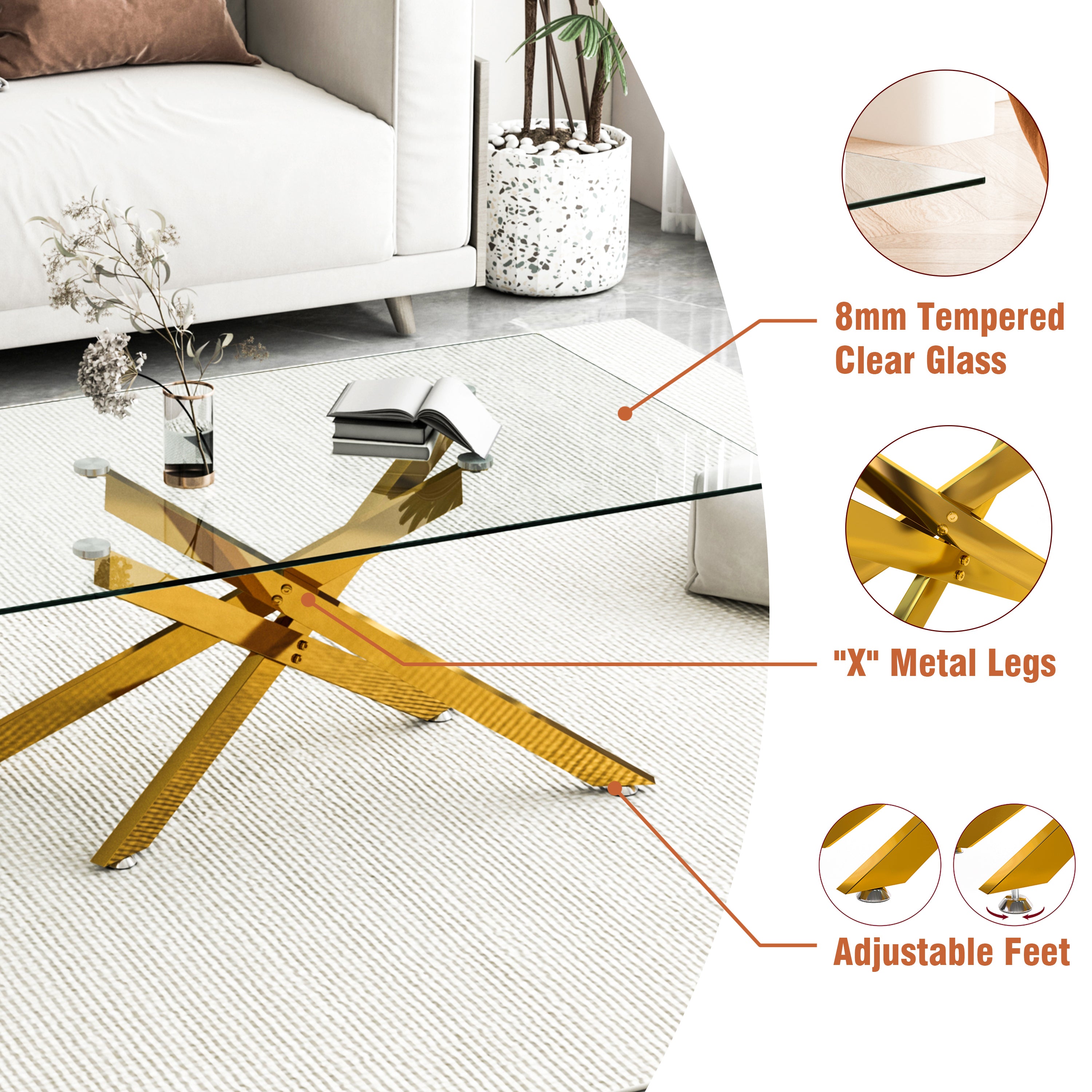 39.37' Rectangular Clear Tempered Glass Coffee Table,Stylish Design with Golden Metal Legs, Coffee Table for Living Room - Grand Goldman Shop