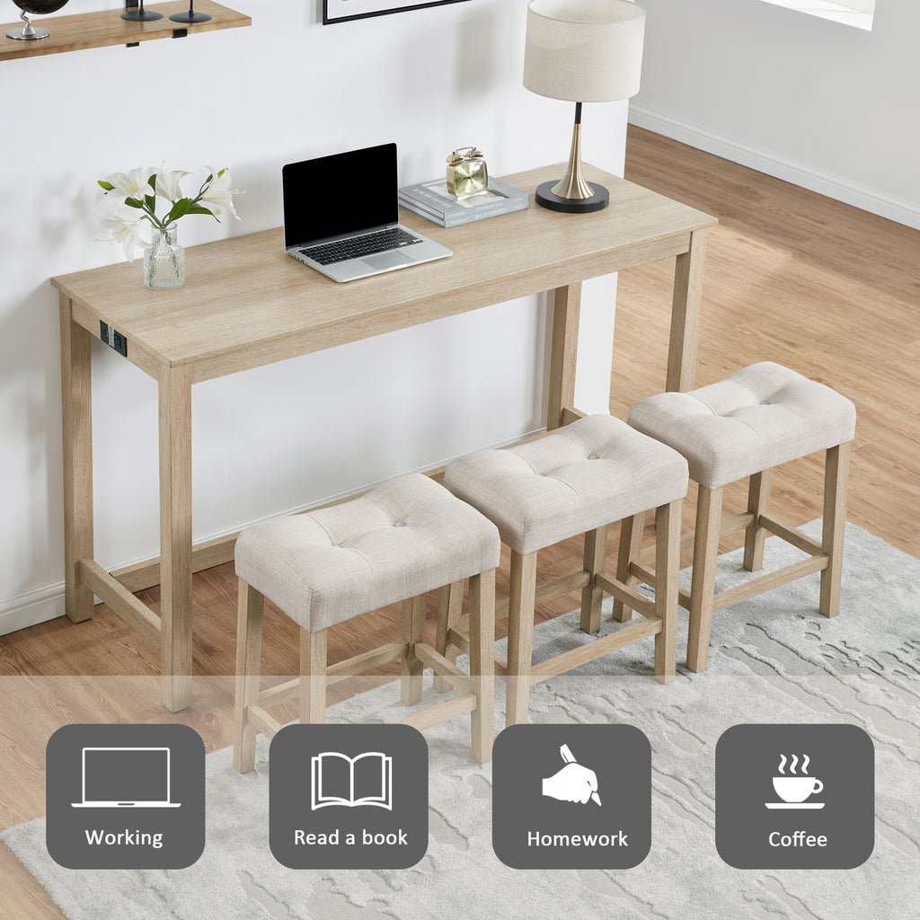 4 Piece Bar Table Set with Power Outlet, Bar Table Set with Chairs, Sofa Bar Table with Stools, Behind Couch Table with 3 Padded Stools for Living Room, Dining room, Light Oak - Grand Goldman Shop
