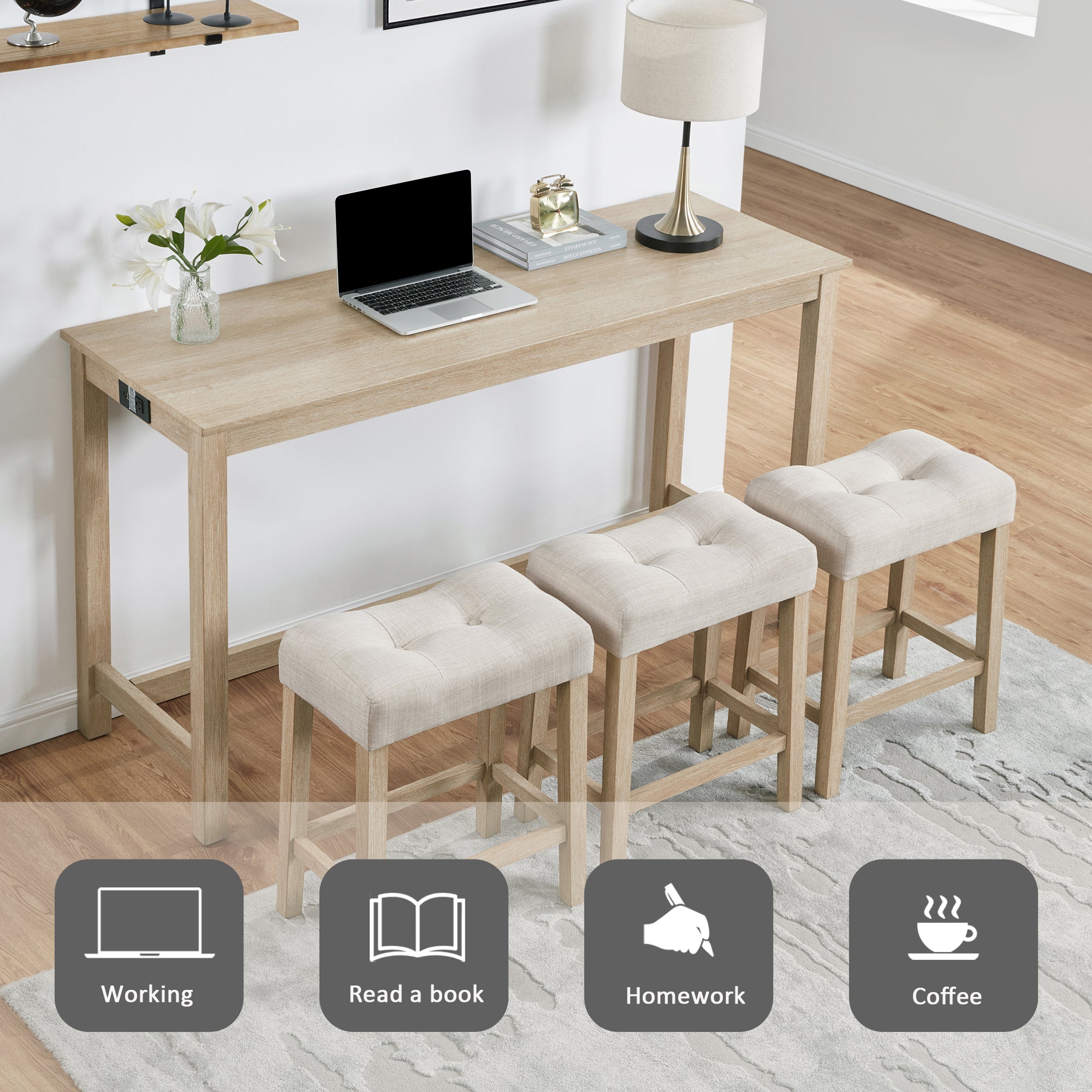 4 Piece Bar Table Set with Power Outlet, Bar Table Set with Chairs, Sofa Bar Table with Stools, Behind Couch Table with 3 Padded Stools for Living Room, Dining room, Light Oak - Grand Goldman Shop