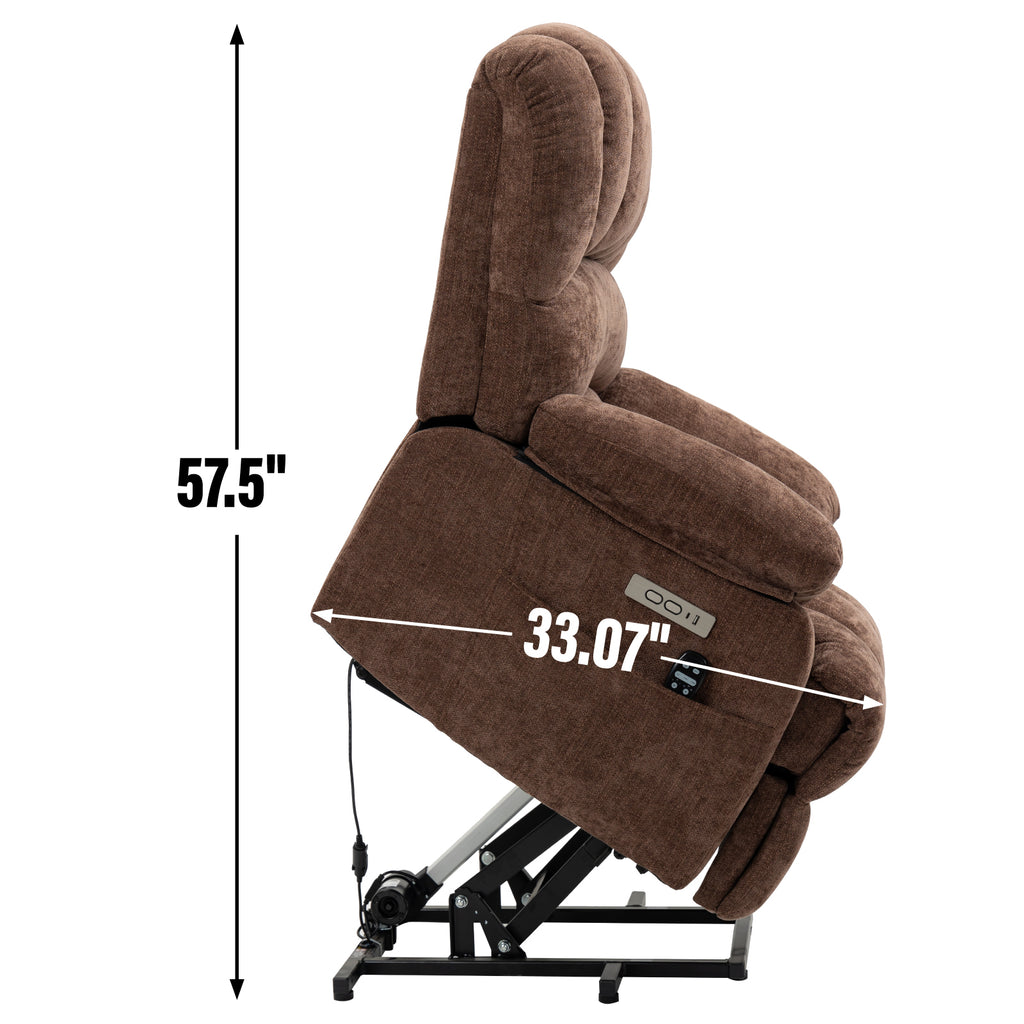 23' Seat Width and High Back Large Size Chenille Power Lift Recliner Chair with 8-Point Vibration Massage and Lumbar Heating, Brown - Grand Goldman Shop