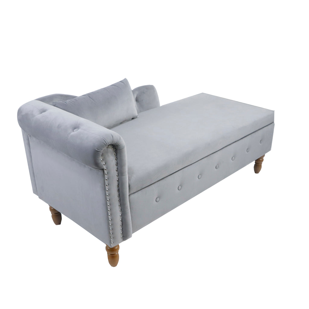 Grey Chaise Lounge Indoor, Velvet Lounge Chair for Bedroom with Storage & Pillow, Modern Upholstered Rolled Arm Chase Lounge for Sleeping with Nailhead Trim for Living Room Bedroom Office - Grand Goldman Shop
