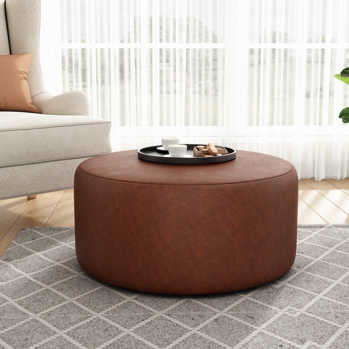Upholstered Round Ottoman,PU Leather,Brown - Grand Goldman Shop