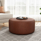 Upholstered Round Ottoman,PU Leather,Brown - Grand Goldman Shop