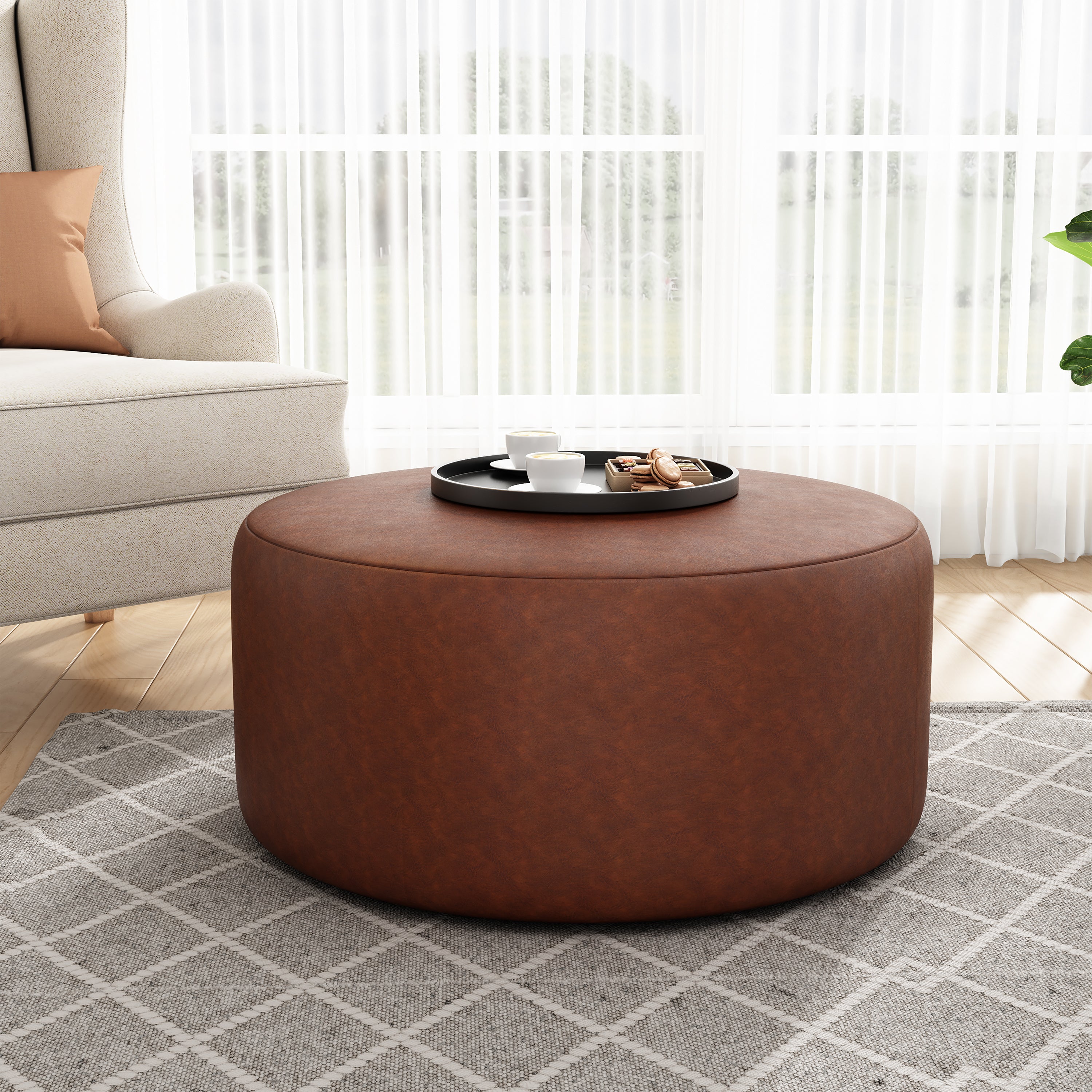 Upholstered Round Ottoman,PU Leather,Brown - Grand Goldman Shop