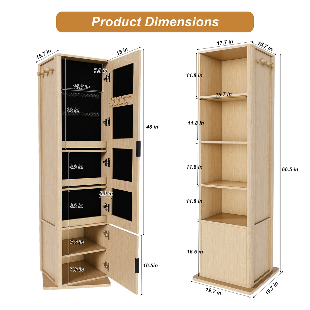 360° Rotating Makeup Cabinet in Walnut with Full-Length Mirror, Jewelry Storage, Coat Rack, 4 Open Shelves & 2 Built-In Shelves - Grand Goldman Shop