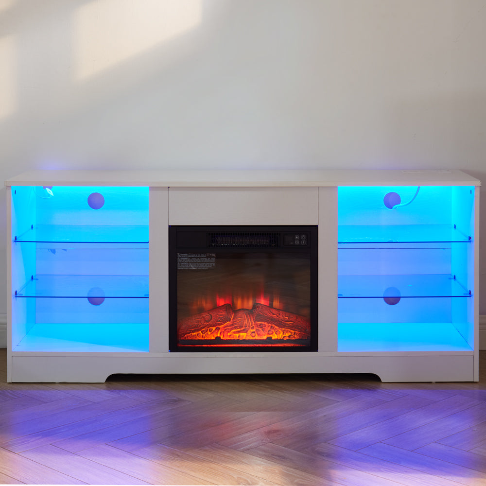 TV Stand Electric Fireplace TV Stand with Glass Shelves, 3D Fireplace TV Stand with LED Lights Wood with USB Charging Outlet Modern Television Table Center for TV up to 32-62' White 58''W*15.4''D*24.6 - Grand Goldman Shop