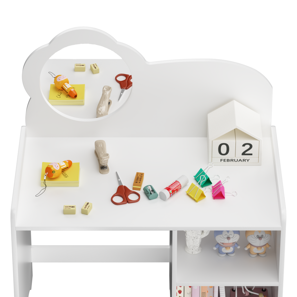 Kids Vanity Table with Mirror and Chair, Wooden Children's Dressing Makeup Desk with Storage Shelves, Study and Activity Tabl