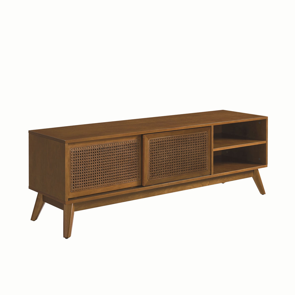 59 Inch Mid Century Modern Rattan TV Stand for 65 Inch TV, Entertainment Cabinet, Media Console for Living Room Media Room, Solid Wood Feet & Rattan Cabinet Doors - Light Wood - Grand Goldman Shop