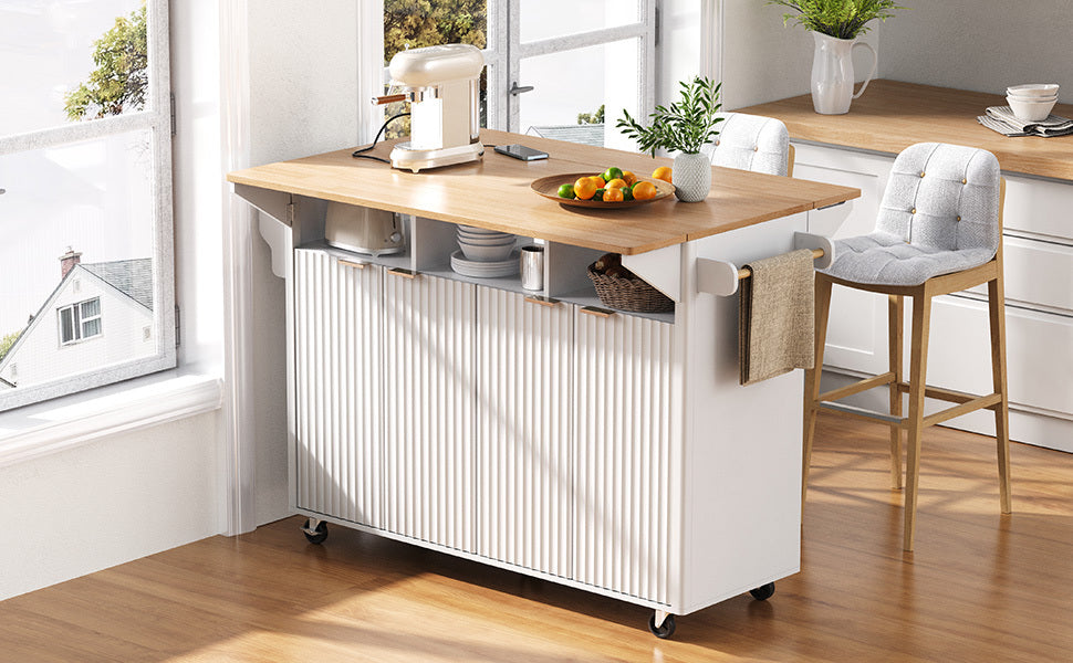 K&K 55.5' Fluted Kitchen Island with 2 Drop Leaf, Kitchen Storage Cart with Power Outlet, 4 Doors, Spice rack, Rolling Island Table with Wood-grain Top, Curved Edge for Kitchen, Dining Room,White - Grand Goldman Shop