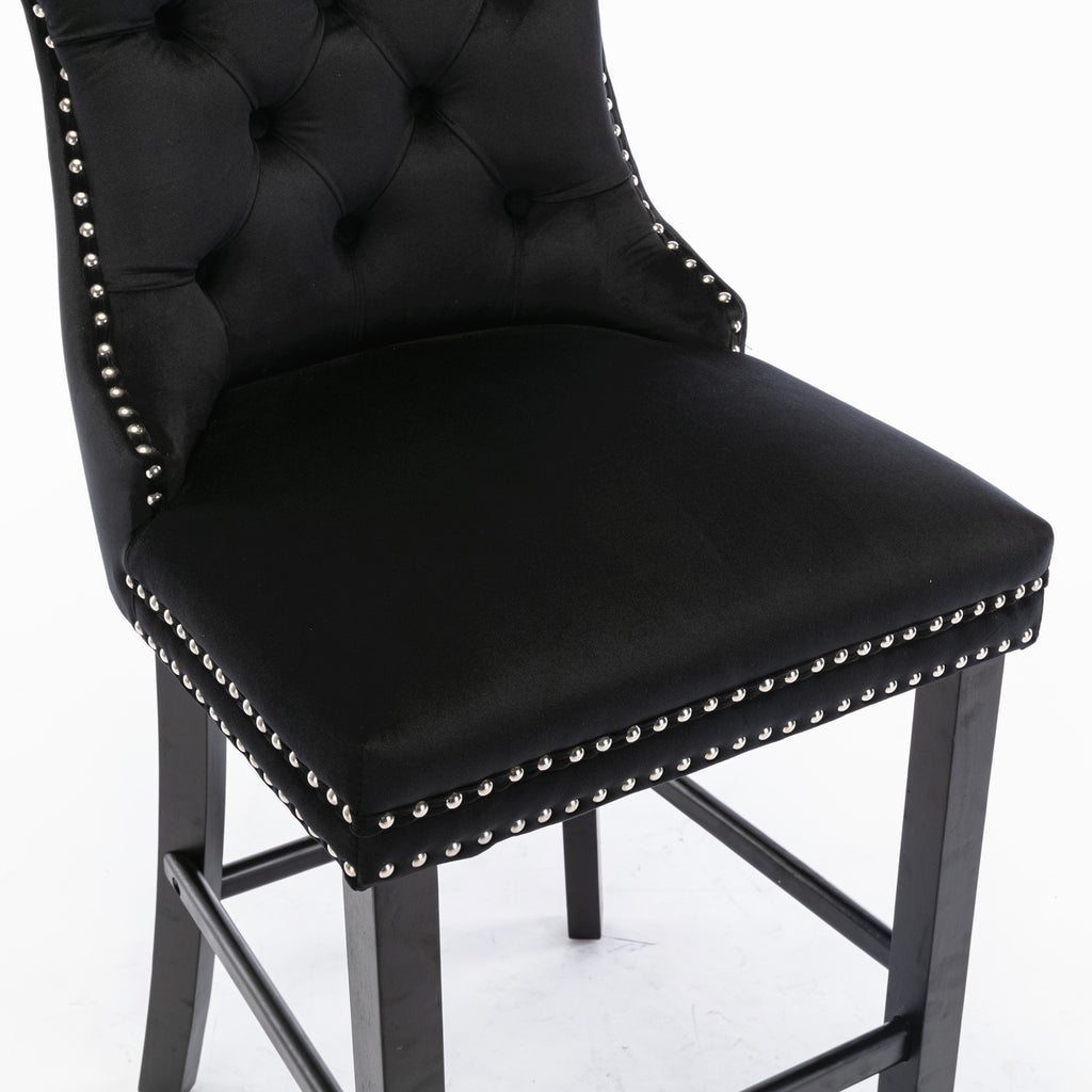 Contemporary Velvet Upholstered Barstools with Button Tufted Decoration and Wooden Legs, and Chrome Nailhead Trim, Leisure Style Bar Chairs,Bar stools, Set of 2 (Black),SW2002BK - Grand Goldman Shop