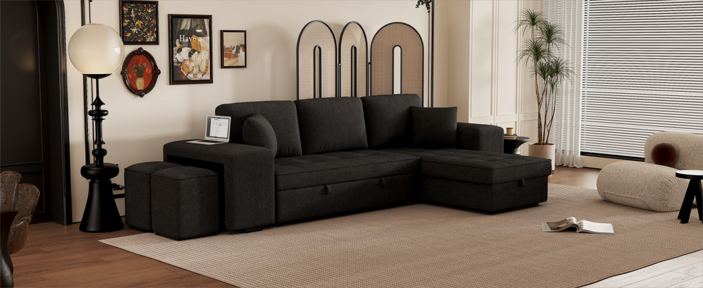 Modern L-Shape 3 Seat Reversible Sectional Couch with Pull Out Sleeper Sofa, Storage Chaise, 2 Stools, Charcoal Grey, Linen Chenille - Grand Goldman Shop