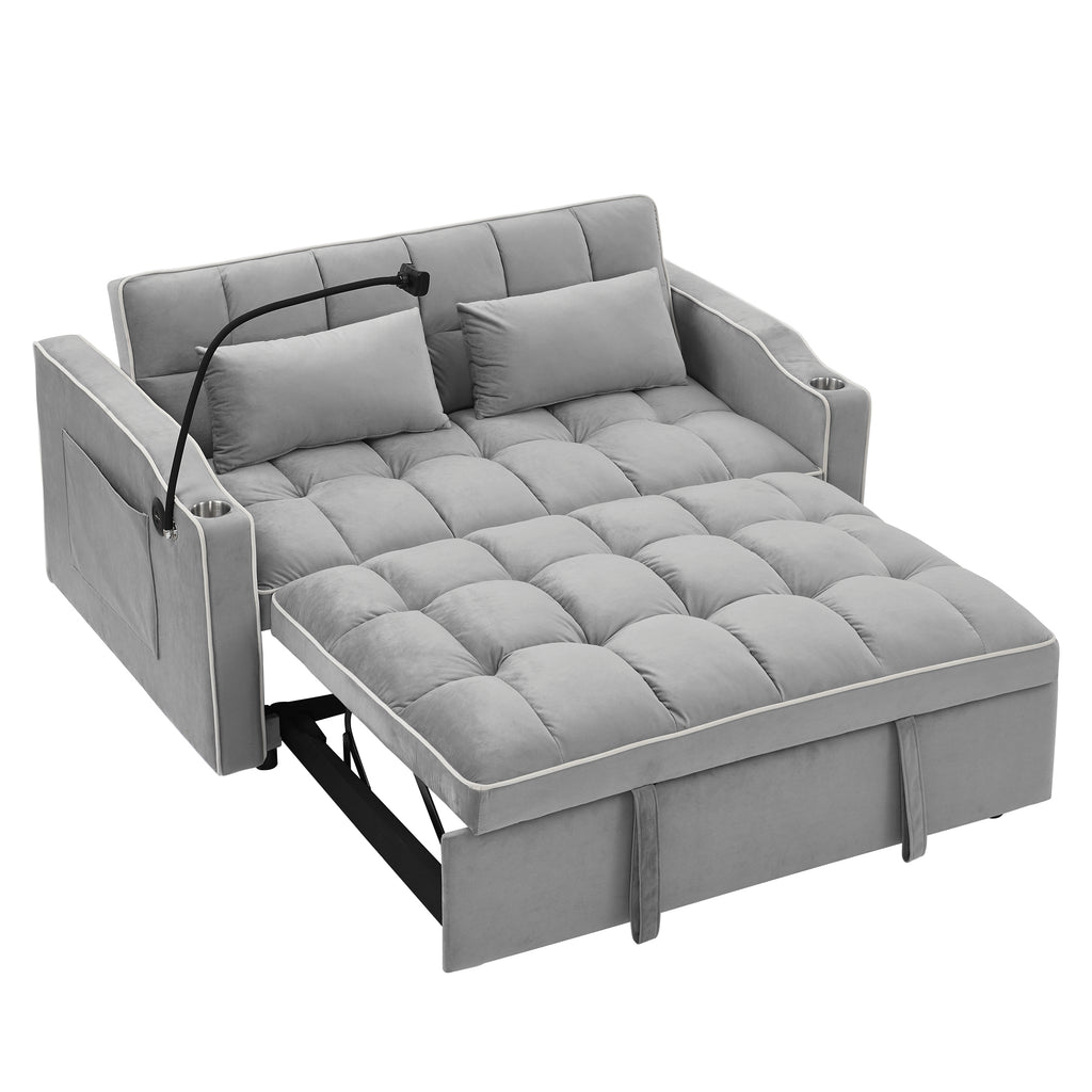 55.51 inch versatile foldable sofa bed in 3 lengths, modern sofa sofa sofa velvet pull-out bed, adjustable back and with USB port and ashtray and swivel phone stand (Grey) - Grand Goldman Shop